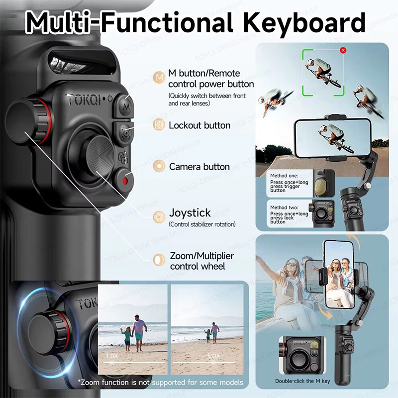 Picture of TOKQI M03: Upgraded Intelligent 3-Axis Gimbal Stabilizer, anti-shake, Audio Capturing Module, Separate Remote Controller, Magnetized Compensating Light, Al Automatic Tracking-Black