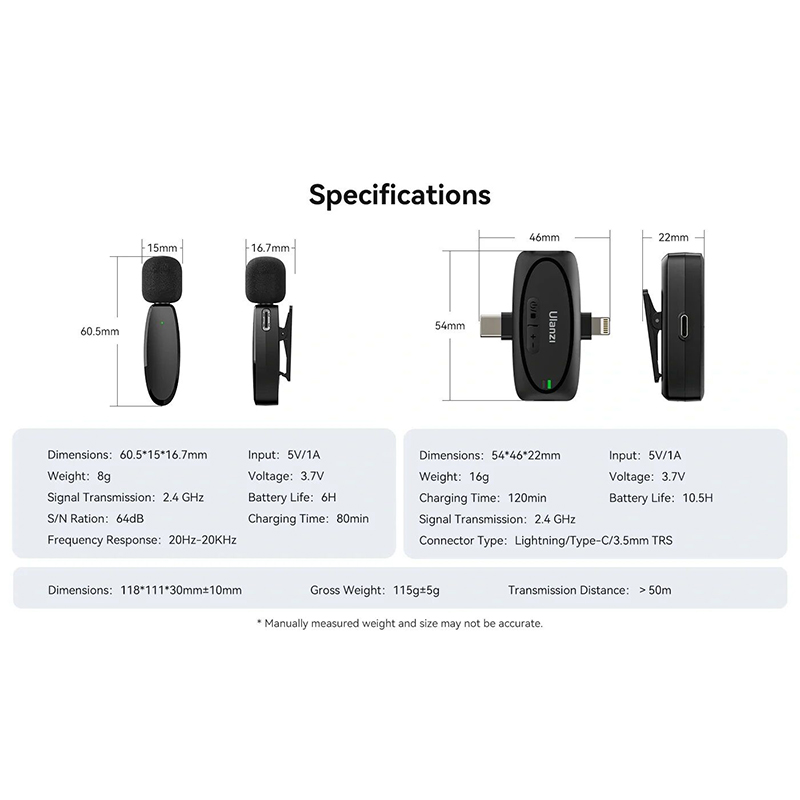 Picture of Ulanzi V6 Lavalier Microphone Wireless 3 in 1 for iPhone 15 14 13 Android Type C Lightning Camera Portable Audio Record Mini Mic-Black