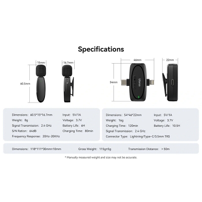 Picture of Ulanzi V6 Lavalier Microphone Wireless 3 in 1 for iPhone 15 14 13 Android Type C Lightning Camera Portable Audio Record Mini Mic-Black