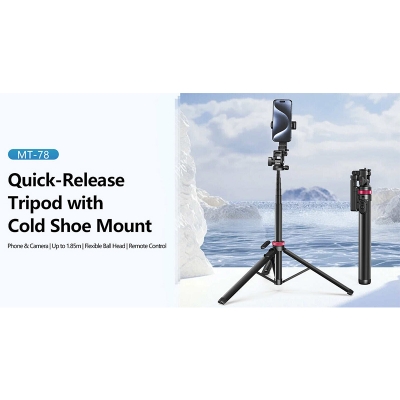 Picture of ULANZI MT-78 Extendable Phone Tripod, 72.83" Selfie Stick Phone Camera Tripod Stand with 2 in1 Phone Clip, 360° Ball Head Camera Tripod-Black