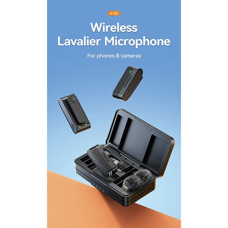 Picture of ULANZI A100 Wireless Lavalier Microphone Lapel Mic for Camera and Phone w USB C/3.5mm/Plug, 32KHz 16Bit, Noise Cancellation, 13.5-Hour Battery, Clip on Microphone for Video Podcast Vlog YouTube
