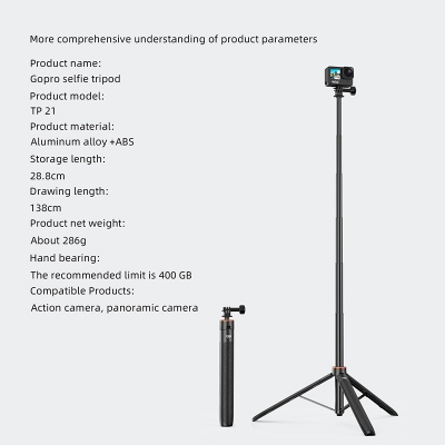 Picture of VRIG TP-21 Selfie Stick Tripod 1.4M Action Camera for Insta360 GoPro Hero 10 9 8 7 AKASO SJCAM OSMO Action Cameras-Black