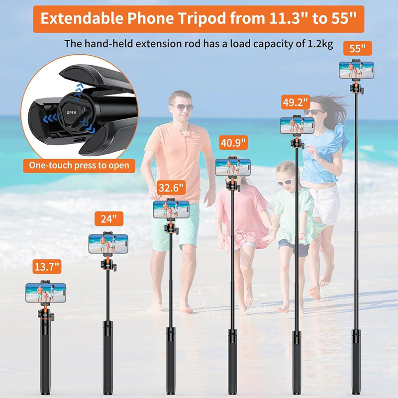 Picture of VRIG TP16 Camera Tripod, 55 inch Extendable Phone Selfie Stick Camera Tripod Stand with 2 in 1 Phone Clip, 5 Levels Adjustment 360° Ball Head-Black