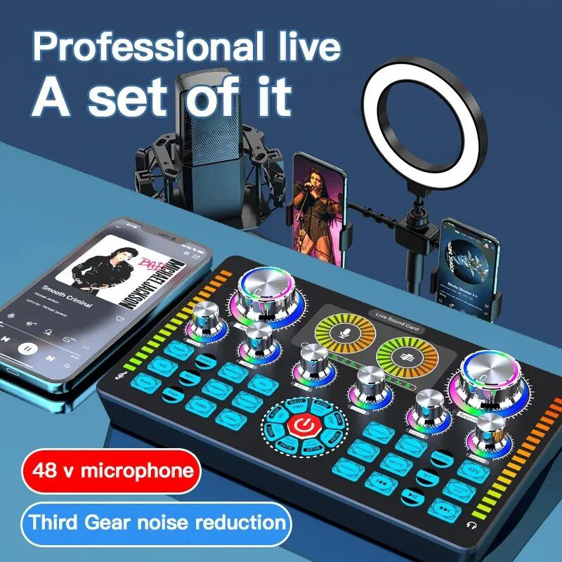 Picture of Q7 Latest Professional Portable Bluetooth Sound Card For Karaoke Podcast Home Studio Record Broadcast Microphone Mixer-Black