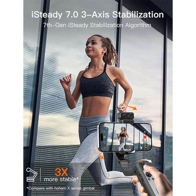 Picture of iSteady isxek Gimbal Stabilizer for Smartphone, 3-Axis Gimbal for iPhone, AI Tracking, Portable and Foldable Gimbal with Fill Light, Phone Stabilizer-Black