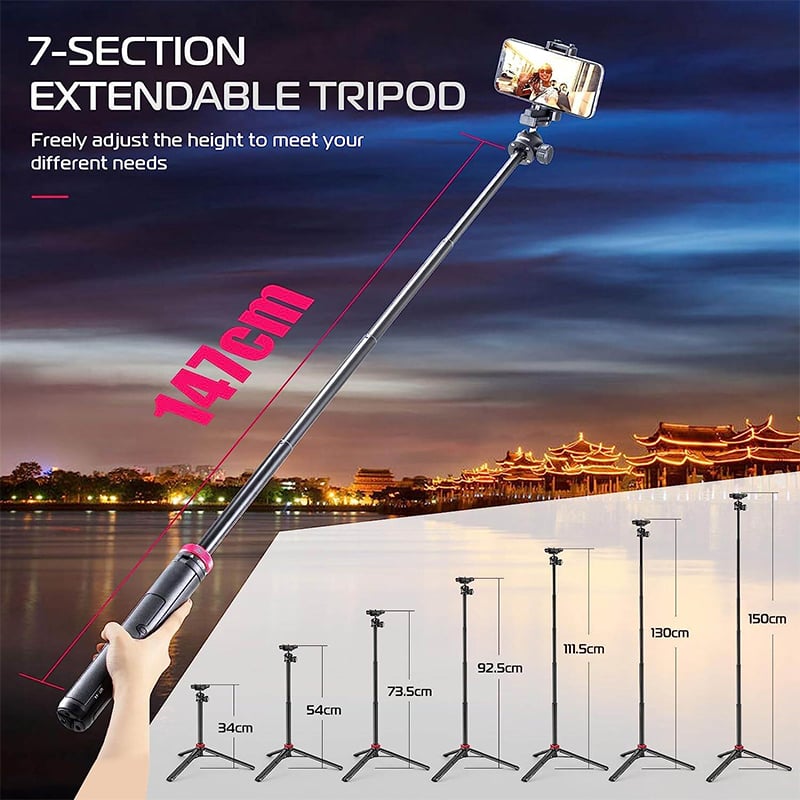 Picture of ULANZI MT-44 Extendable Phone Tripod, 59" Selfie Stick Phone Vlog Tripod Stand with 2 in 1 Phone Clip, 360° Ball Head Camera Tripod-Black