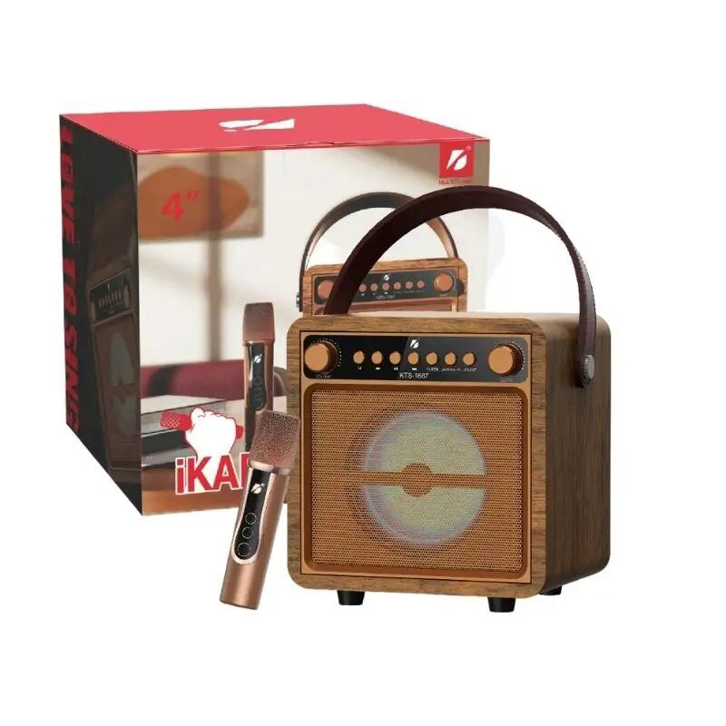 Picture of KTS-1687 Vocal Singing Home KTV Party Rechargeable Wireless Wooden FM Radio Mic Belt Handle Portable Karaoke Box BT Speaker-Gold