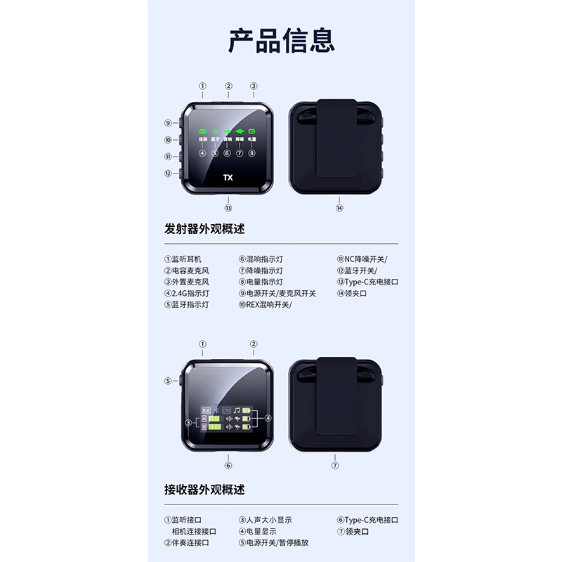 Picture of M32S Wireless Dual Lavalier Microphone with screen display for noise reduction Bluetooth accompaniment reverberation live broadcast and microphone device-Black