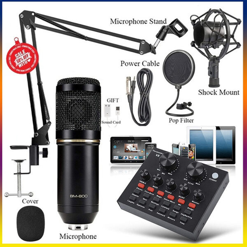 Picture of Professional Condenser Microphone V8 Sound Card set/Mobile phone network Karaoke Mic BM 800 Scissor Arm Stand ,Shock mount, Pop Filter-Gold