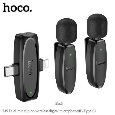 Picture of HOCO L15 Wireless Lavalier Microphone Dual-Mic 2-in-1 Clip-on Wireless Digital Microphone (lighting & Type-C)-Black