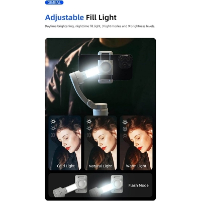 Picture of TOKQI M01 3-Axis Anti-Shake Handheld Gimbal Phone Stabilizer Foldable Holder Selfie Tripod with Fill Light for iPhone Smartphone-Black