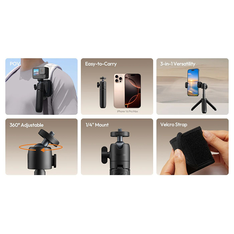 Picture of ULANZI MT88 Small Camera Tripod, Mini 3-in-1 Selfie Stick w Backpack Mount Shoulder Strap, 3-Sect Adjustable Tabletop Handheld Tripod Holder f Action Camera, DJI Pocket3, Xtra Muse, Insta 360 X5-Black