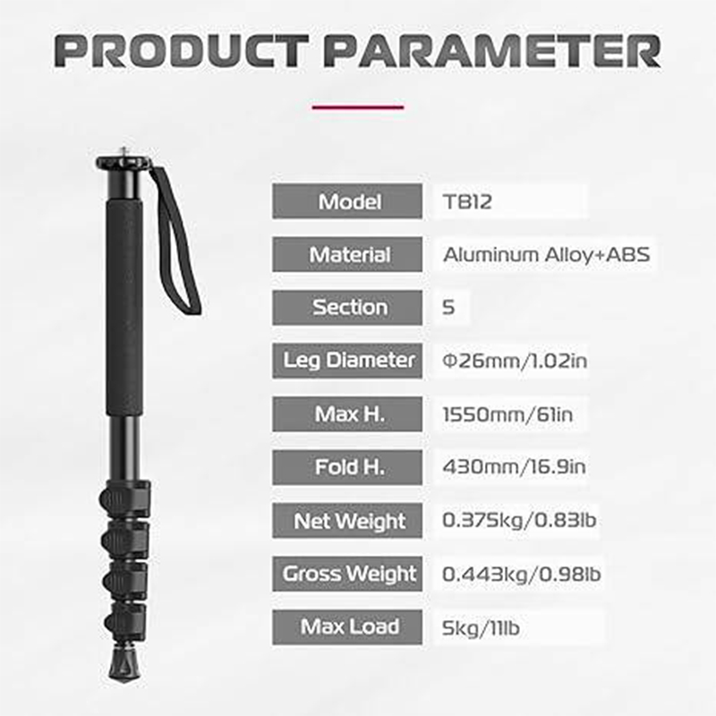 Picture of Ulanzi-TB12 Aluminum Monopod Tripod Stand for DSLR Camera Sony Portable Lightweight Extendable Climbing Pole 5 Sections-Black