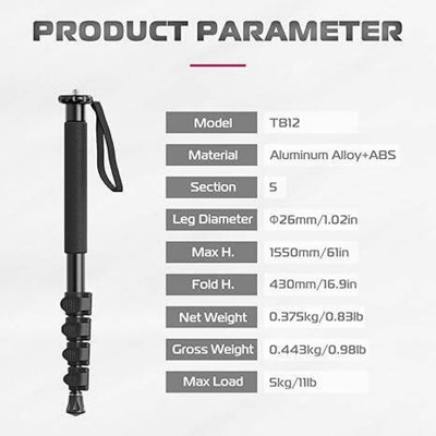 Picture of Ulanzi-TB12 Aluminum Monopod Tripod Stand for DSLR Camera Sony Portable Lightweight Extendable Climbing Pole 5 Sections-Black