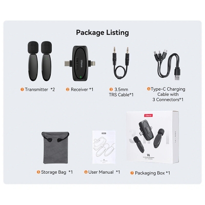 Picture of Ulanzi V6 Lavalier Microphone Wireless 3 in 1 for iPhone 15 14 13 Android Type C Lightning Camera Portable Audio Record Mini Mic-Black