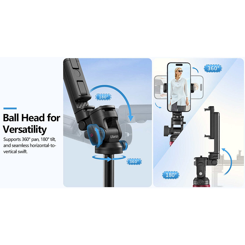 Picture of ULANZI MT-78 Extendable Phone Tripod, 72.83" Selfie Stick with 2 in 1 Phone Clip, 360° Ball Head Camera Tripod-Black
