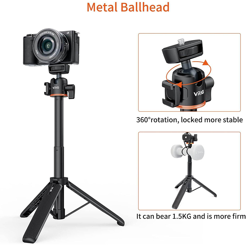 Picture of TP-06 Portable Selfie Stick Tripod Stand Aluminum Alloy with 1/4" Screw Cold Shoe Mount 360° Rotatable Ball Head 55cm/21.6in Max Height 1.5kg Load Capacity for Vlog Live Streaming Selfie Video-Black
