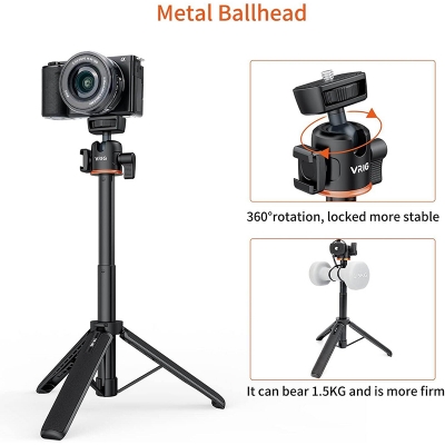 Picture of TP-06 Portable Selfie Stick Tripod Stand Aluminum Alloy with 1/4" Screw Cold Shoe Mount 360° Rotatable Ball Head 55cm/21.6in Max Height 1.5kg Load Capacity for Vlog Live Streaming Selfie Video-Black