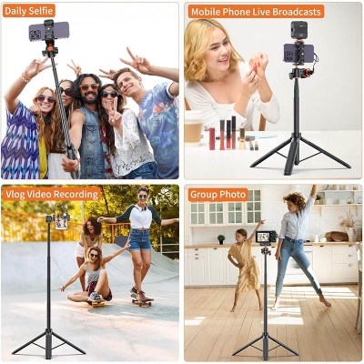 Picture of VRIG TP16 Camera Tripod, 55 inch Extendable Phone Selfie Stick Camera Tripod Stand with 2 in 1 Phone Clip, 5 Levels Adjustment 360° Ball Head-Black