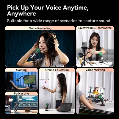 Picture of ULANZI DCM-05 Gaming PC Microphone USB Desktop Condenser Microphone for Podcasting, Phone Computer Streaming Mic with RGB Light, Mute Button, Headphones Jack, Desktop Stand, Plug & Play-Black