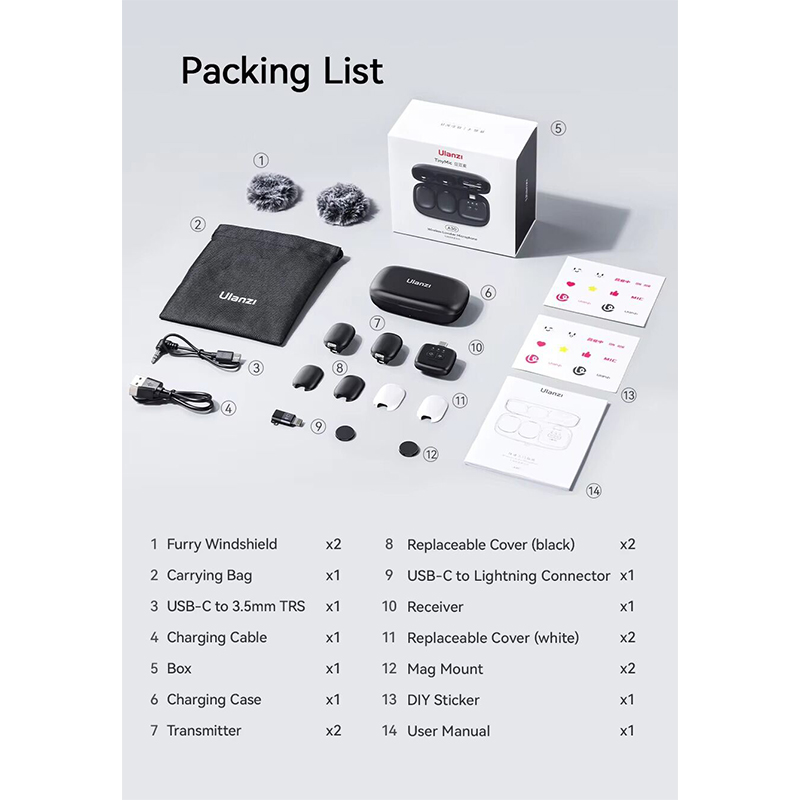 Picture of ULANZI A30 Tiny Mic Magnetic Wireless Lavalier Microphone Mini Size, Noise Cancellation, 20M, 20H Battery Life, Lapel Microphone for Video Recording, DSLR, iPhones, Android, PC-Black