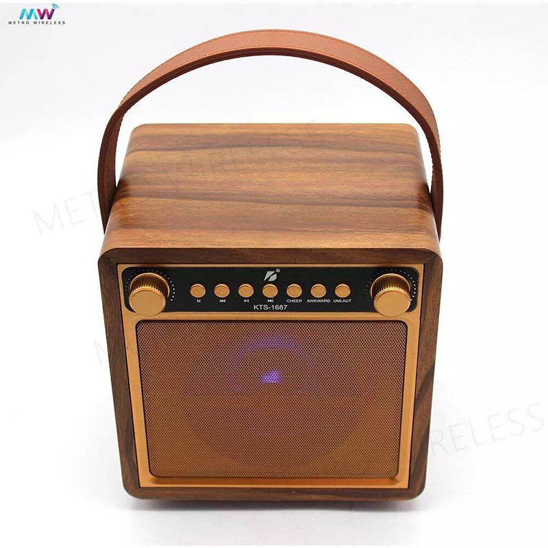 Picture of KTS-1687 Vocal Singing Home KTV Party Rechargeable Wireless Wooden FM Radio Mic Belt Handle Portable Karaoke Box BT Speaker-Gold