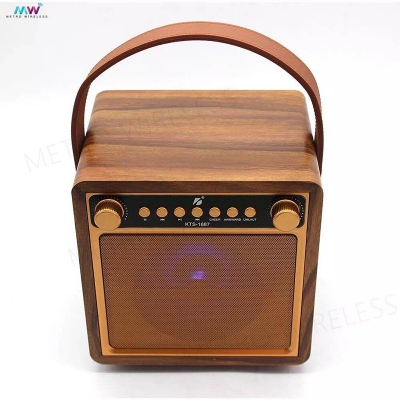 Picture of KTS-1687 Vocal Singing Home KTV Party Rechargeable Wireless Wooden FM Radio Mic Belt Handle Portable Karaoke Box BT Speaker-Gold