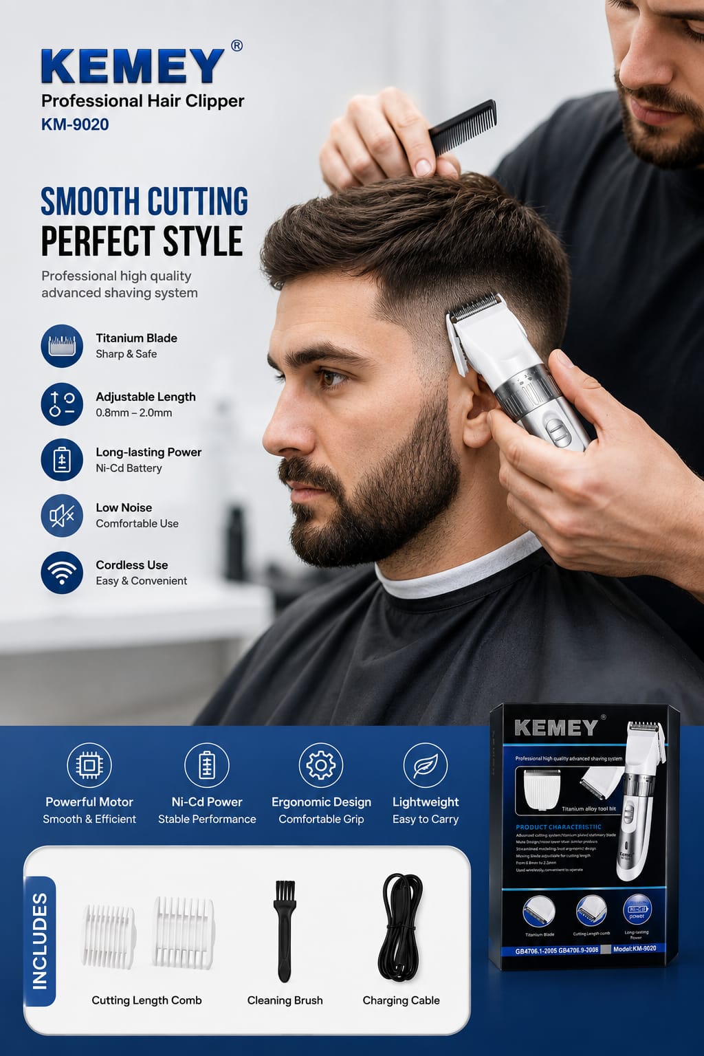 Picture of KEMEY KM-9020 PROFESSIONAL TITANIUM BLADE HAIR & BEARD TRIMMER