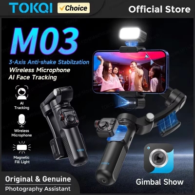 Picture of TOKQI M03: Upgraded Intelligent 3-Axis Gimbal Stabilizer, anti-shake, Audio Capturing Module, Separate Remote Controller, Magnetized Compensating Light, Al Automatic Tracking-Black