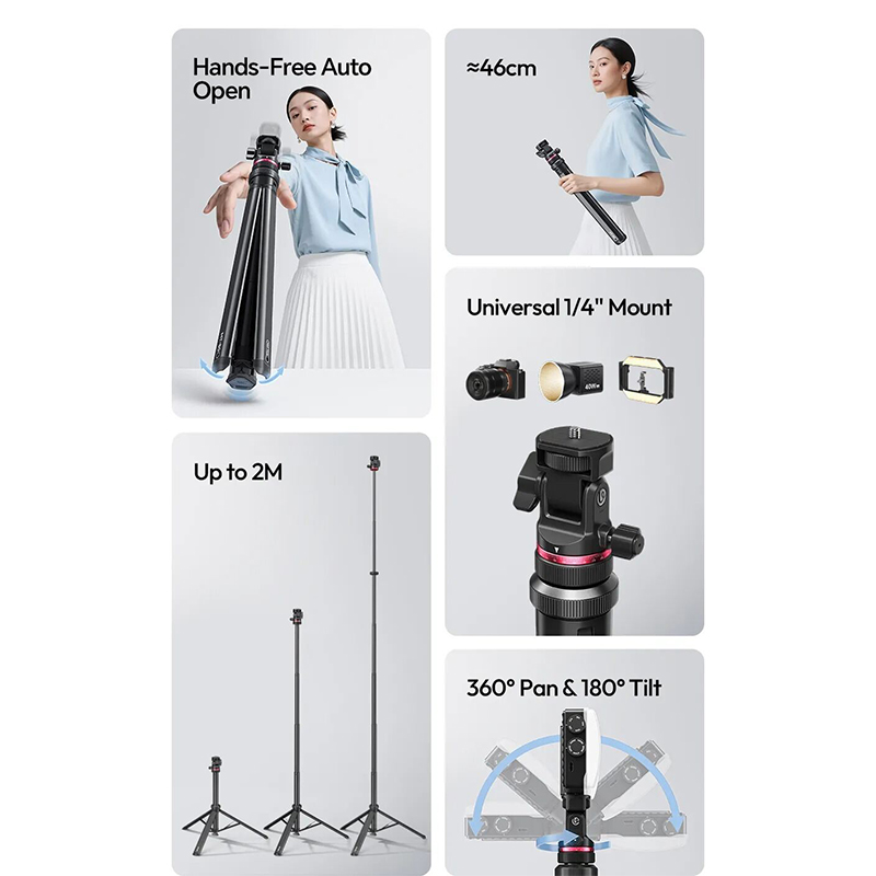 Picture of ULANZI MT-80 Aluminum Tripod Stand, 7FT Extendable Camera Phone Tripod for Travel, Auto Pop-Up, 1/4" Screw, 360 Ball Head Portable Photo Video Light Stand for DSLR Camera, Ring Light, Video Rig-Black