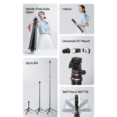 Picture of ULANZI MT-80 Aluminum Tripod Stand, 7FT Extendable Camera Phone Tripod for Travel, Auto Pop-Up, 1/4" Screw, 360 Ball Head Portable Photo Video Light Stand for DSLR Camera, Ring Light, Video Rig-Black