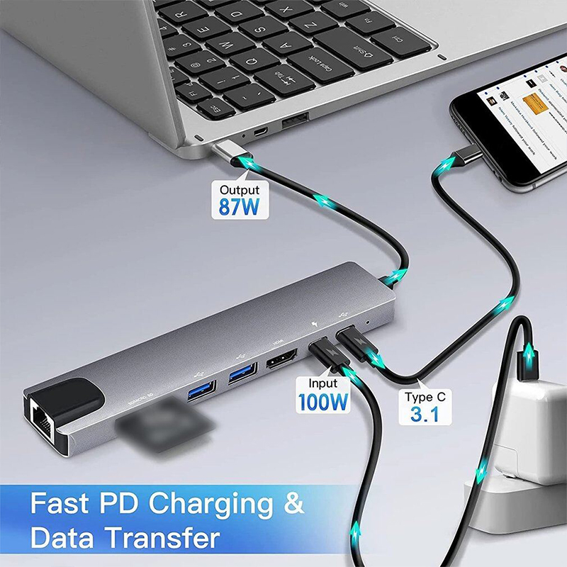 Picture of USB C Hub Docking Station 8 In 1 Type C Hub USB C Dongle With HDMI 4K - Enhance Your Connectivity With This Versatile 8-In-1 USB C Hub - Grey-Grey