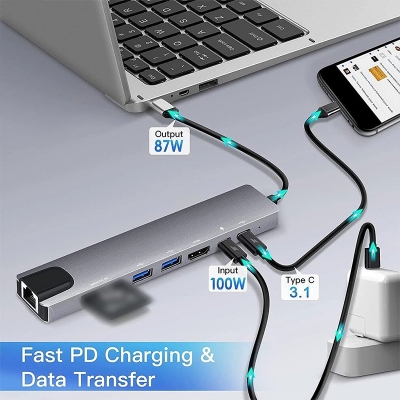 Picture of USB C Hub Docking Station 8 In 1 Type C Hub USB C Dongle With HDMI 4K - Enhance Your Connectivity With This Versatile 8-In-1 USB C Hub - Grey-Grey