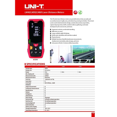 Picture of UNI-T LM40 Distance Meter 40M (131ft) Laser Distance Meters Test & Measurement area and volume measurement, spirit level and large LCD display- Red-Multicolor