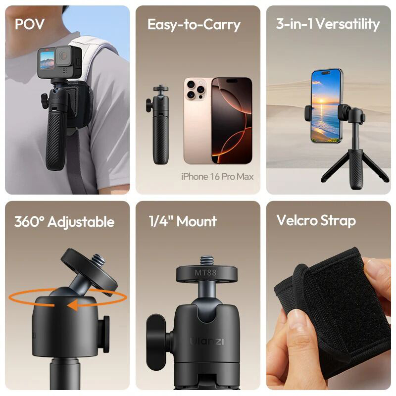 Picture of ULANZI MT88 Small Camera Tripod, Mini 3-in-1 Selfie Stick w Backpack Mount Shoulder Strap, 3-Sect Adjustable Tabletop Handheld Tripod Holder f Action Camera, DJI Pocket3, Xtra Muse, Insta 360 X5-Black