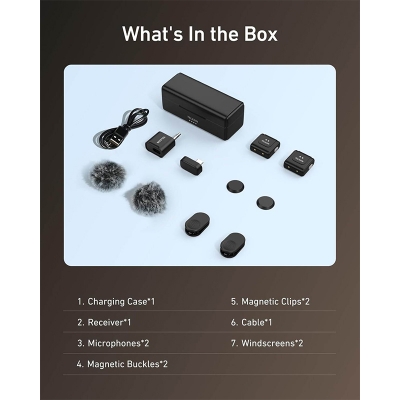 Picture of TELESIN Wireless Lavalier Microphone with Charging Case for Video Recording Type C /Samrt Phone/PC/Laptop/Camera