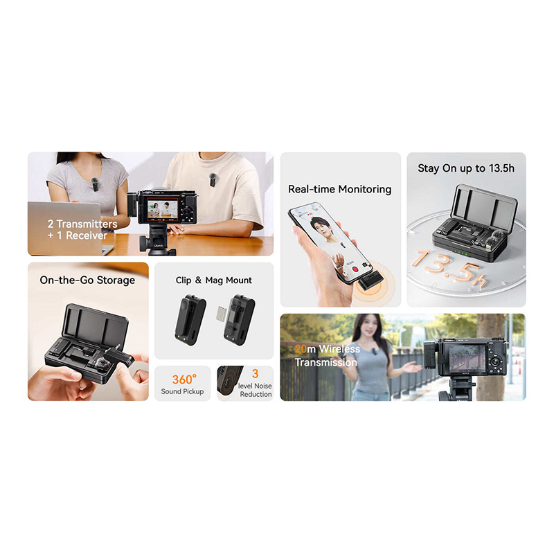 Picture of ULANZI A100 Wireless Lavalier Microphone Lapel Mic for Camera and Phone w USB C/3.5mm/Plug, 32KHz 16Bit, Noise Cancellation, 13.5-Hour Battery, Clip on Microphone for Video Podcast Vlog YouTube