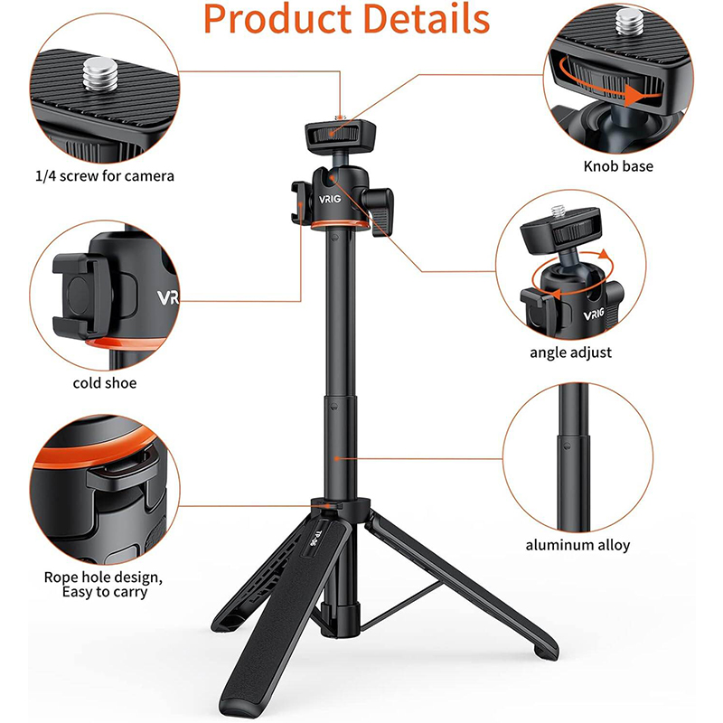 Picture of VRIG TP-06 Tripod Stand Selfie Stick Aluminum Alloy with 1/4 Inch Screw Cold Shoe Mount 360° Rotatable 1.5kg Load Capacity-Black