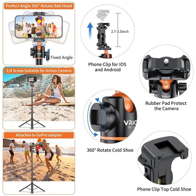 Picture of VRIG TP16 Camera Tripod, 55 inch Extendable Phone Selfie Stick Camera Tripod Stand with 2 in 1 Phone Clip, 5 Levels Adjustment 360° Ball Head-Black