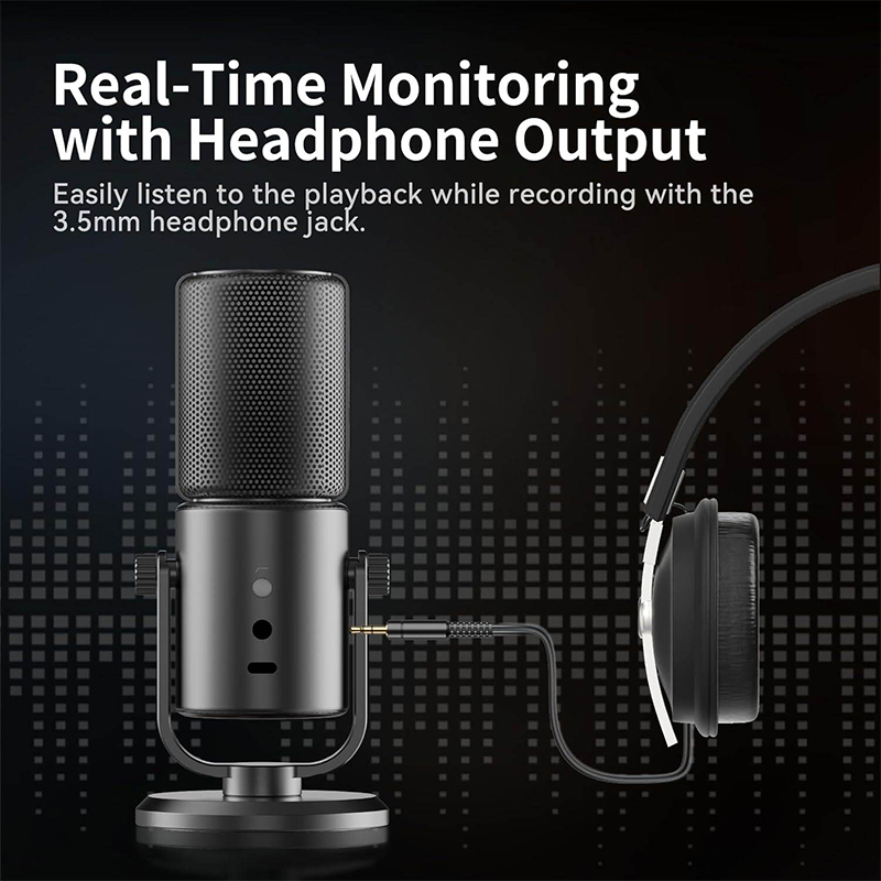Picture of ULANZI DCM-05 Gaming PC Microphone USB Desktop Condenser Microphone for Podcasting, Phone Computer Streaming Mic with RGB Light, Mute Button, Headphones Jack, Desktop Stand, Plug & Play-Black