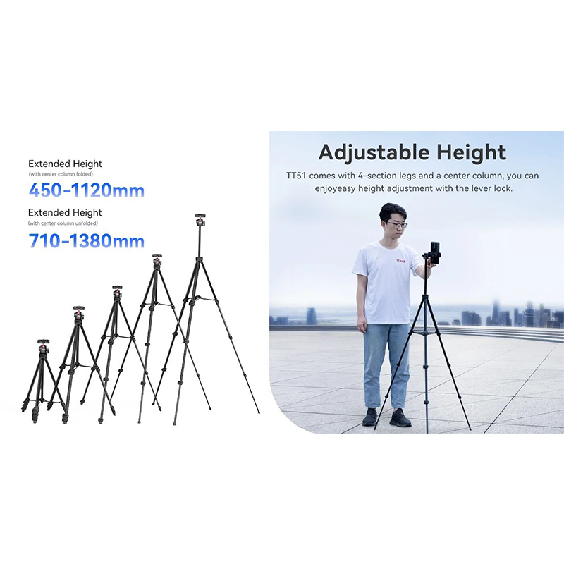 Picture of 2 in 1 Camera Phone Video Tripod - ULANZI TT51 Portable Tripod Stand I 360° Rotable Ball Head I Hidden Cold Shoe Phone Holder I 600g Lightweigt I 1.38m/51in Long I 5 Section Extenable Vlog Tripod-Black