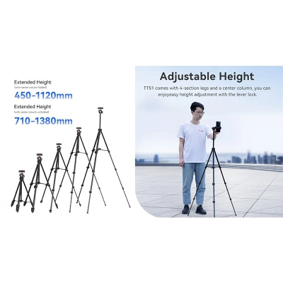 Picture of 2 in 1 Camera Phone Video Tripod - ULANZI TT51 Portable Tripod Stand I 360° Rotable Ball Head I Hidden Cold Shoe Phone Holder I 600g Lightweigt I 1.38m/51in Long I 5 Section Extenable Vlog Tripod-Black