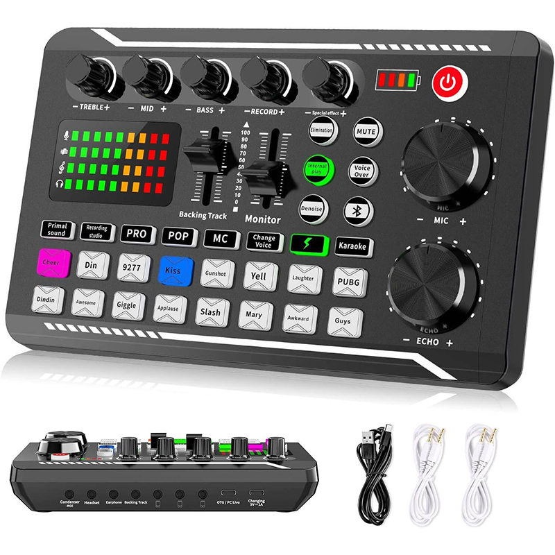 Picture of F998 Bluetooth Stereo Audio Mixer, Live Sound Card and Audio Interface with DJ Mixer Effects and Voice Changer for Live YouTube Streaming, PC, Recording Studio and Gaming-Black