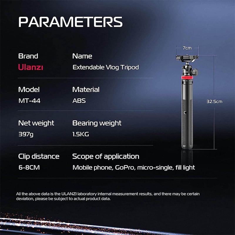 Picture of ULANZI MT-44 Extendable Phone Tripod, 59" Selfie Stick Phone Vlog Tripod Stand with 2 in 1 Phone Clip, 360° Ball Head Camera Tripod-Black