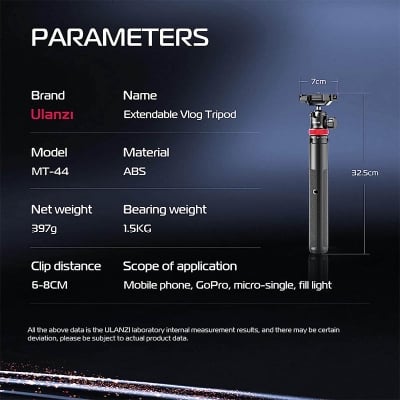 Picture of ULANZI MT-44 Extendable Phone Tripod, 59" Selfie Stick Phone Vlog Tripod Stand with 2 in 1 Phone Clip, 360° Ball Head Camera Tripod-Black