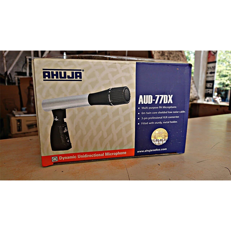 Picture of Ahuja AUD-77DX Wired Microphone Ahuja Unidirectional Dynamic Microphone with Holder 2.5mV/Pa-Silver