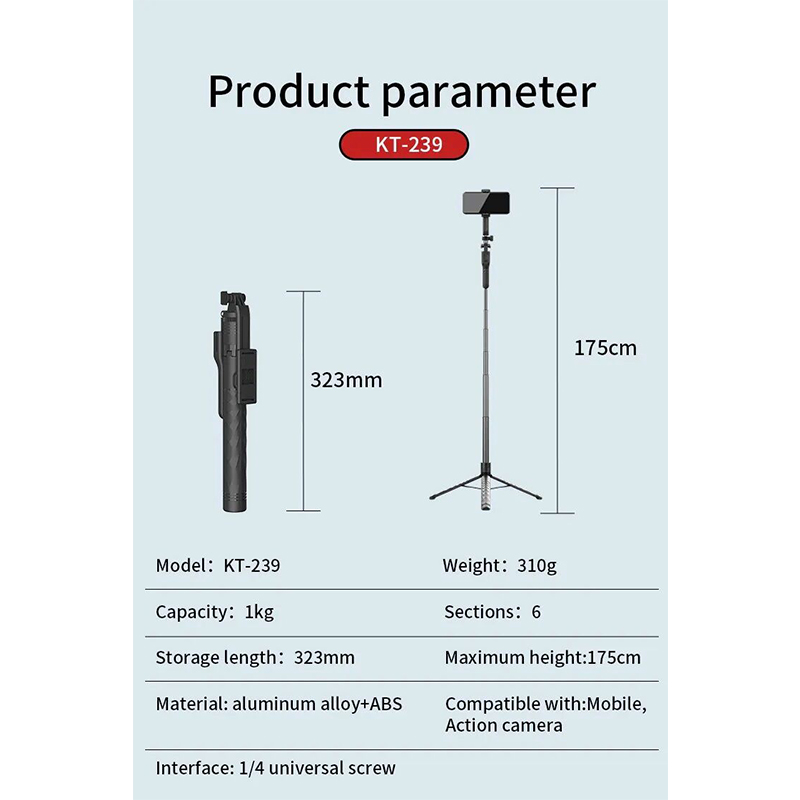 Picture of JMARY KT-239 1.75M Handheld stick stick & tripod 2-in-1 light weight & portable-Black