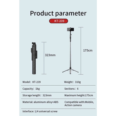 Picture of JMARY KT-239 1.75M Handheld stick stick & tripod 2-in-1 light weight & portable-Black
