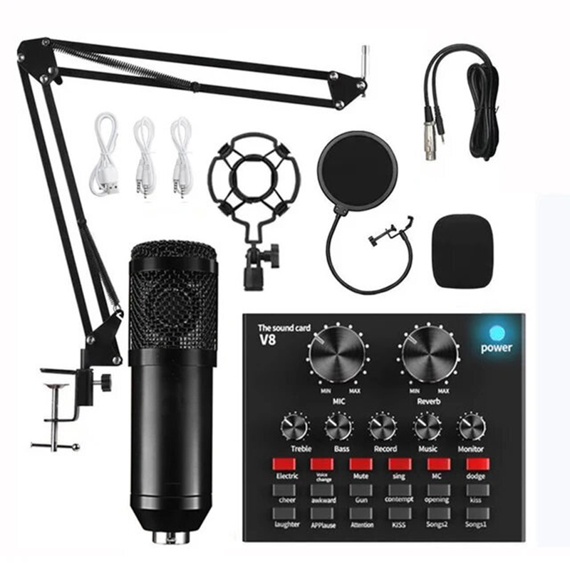 Picture of Professional Condenser Microphone V8 Sound Card set/Mobile phone network Karaoke Mic BM 800 Scissor Arm Stand ,Shock mount, Pop Filter-Gold