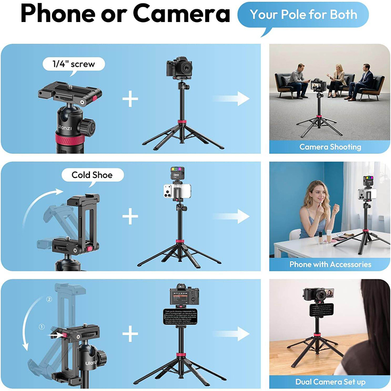 Picture of ULANZI MT-44B Phone Tripod, 59'' Auto Open Phone Stand with Dual Camera Set up, 360° Ball Head, Extendable Selfie Stick w Cold Shoe for Filming/Selfie in Vlog, Family Gatherings, Black Visit the ULANZI Store-Black